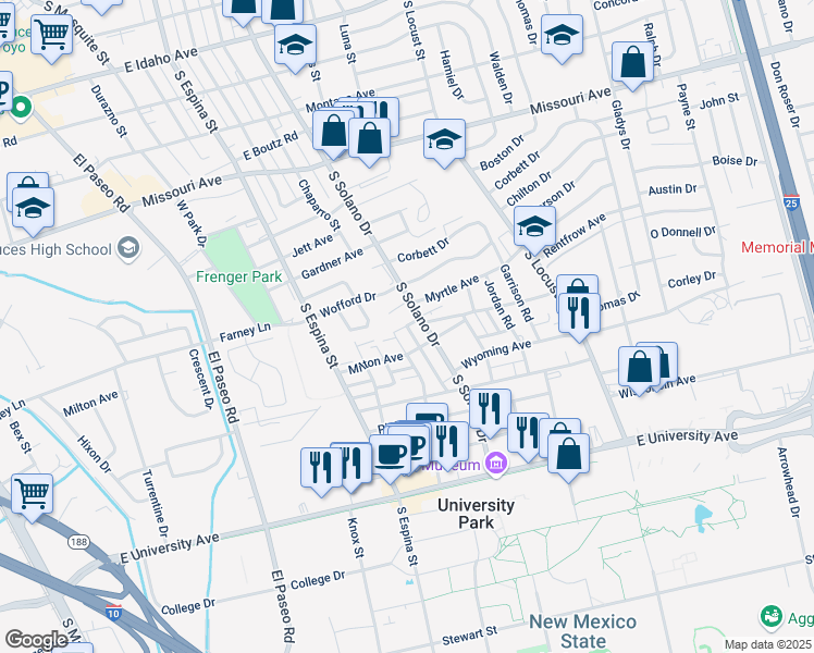 map of restaurants, bars, coffee shops, grocery stores, and more near 2130 Hagerty Road in Las Cruces