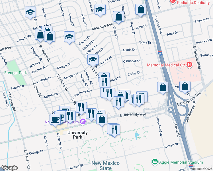 map of restaurants, bars, coffee shops, grocery stores, and more near 2320 South Locust Street in Las Cruces