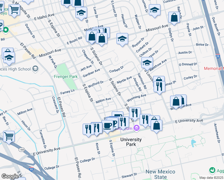 map of restaurants, bars, coffee shops, grocery stores, and more near 2130 Hagerty Road in Las Cruces