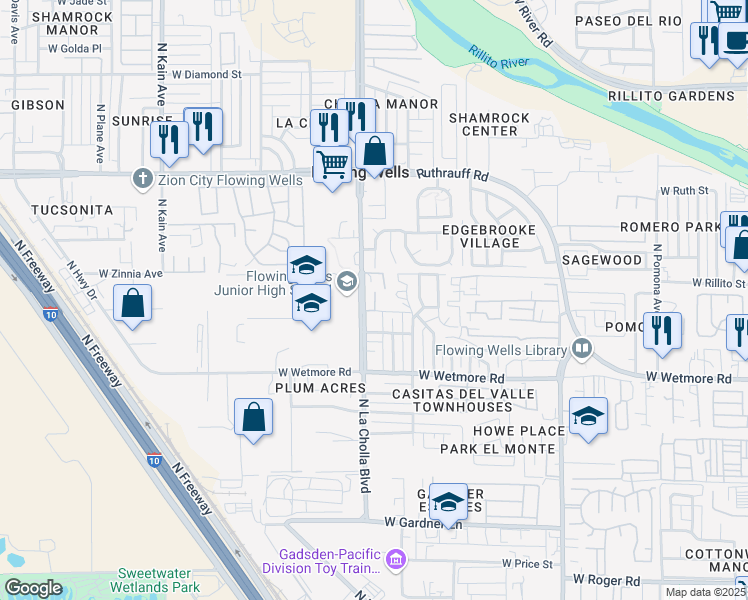 map of restaurants, bars, coffee shops, grocery stores, and more near 2076 West Furreys Lane in Tucson