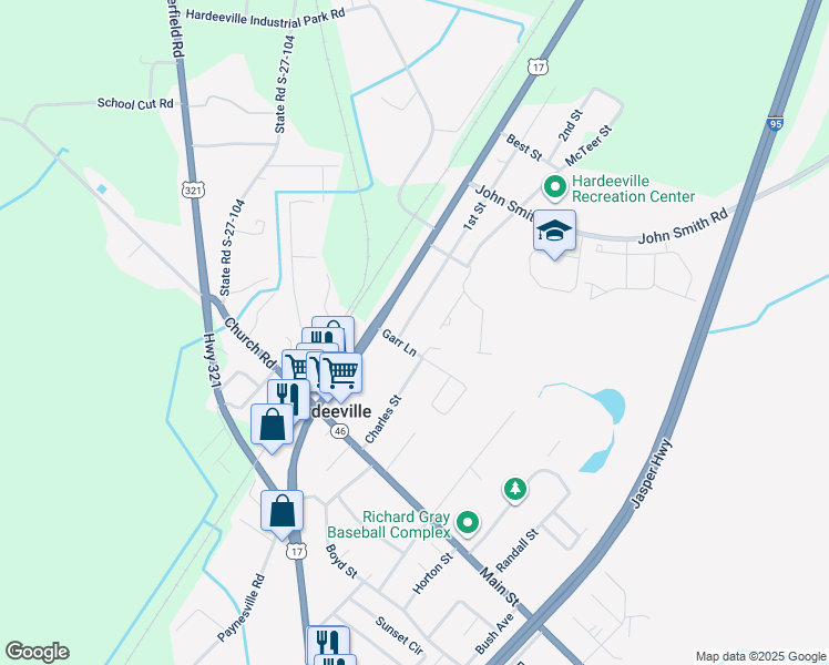 map of restaurants, bars, coffee shops, grocery stores, and more near 23 Charles Street in Hardeeville