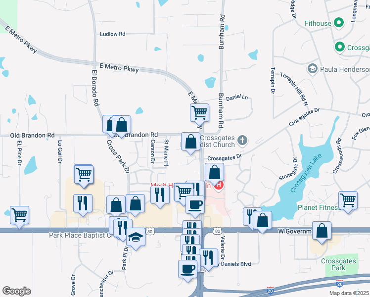 map of restaurants, bars, coffee shops, grocery stores, and more near 395 Crossgates Blvd in Brandon