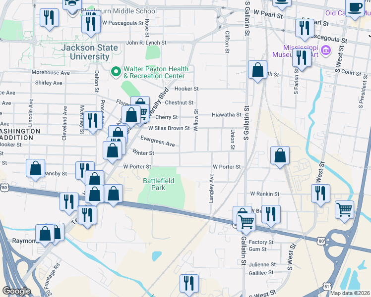 map of restaurants, bars, coffee shops, grocery stores, and more near 649 Winter Street in Jackson