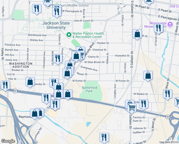 map of restaurants, bars, coffee shops, grocery stores, and more near 773 Winter Street in Jackson