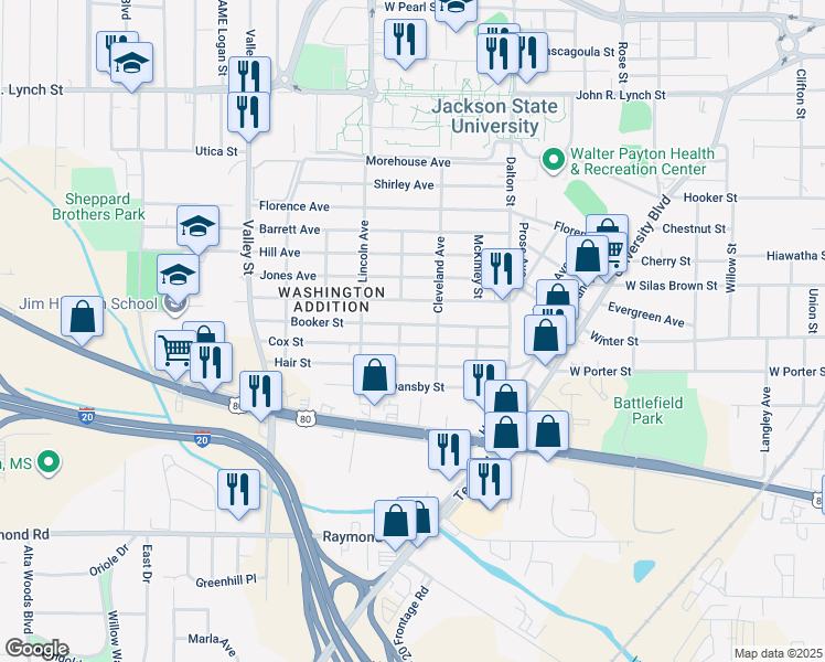 map of restaurants, bars, coffee shops, grocery stores, and more near 1441 Cox Street in Jackson