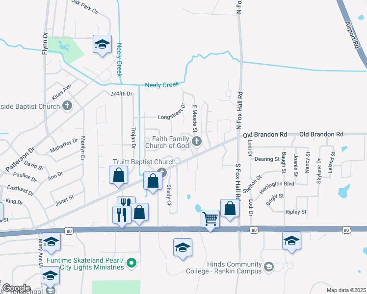 map of restaurants, bars, coffee shops, grocery stores, and more near 108 Meade Lane in Pearl