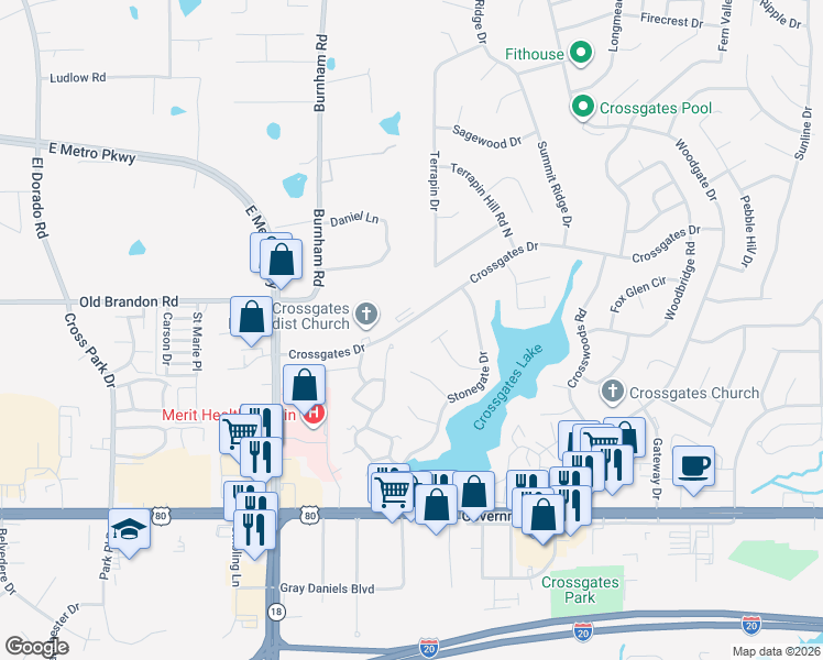 map of restaurants, bars, coffee shops, grocery stores, and more near 20 Crossgates Drive in Brandon