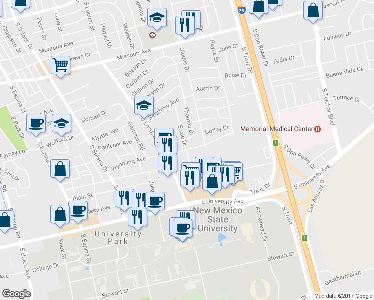 map of restaurants, bars, coffee shops, grocery stores, and more near Wyoming Avenue in Las Cruces