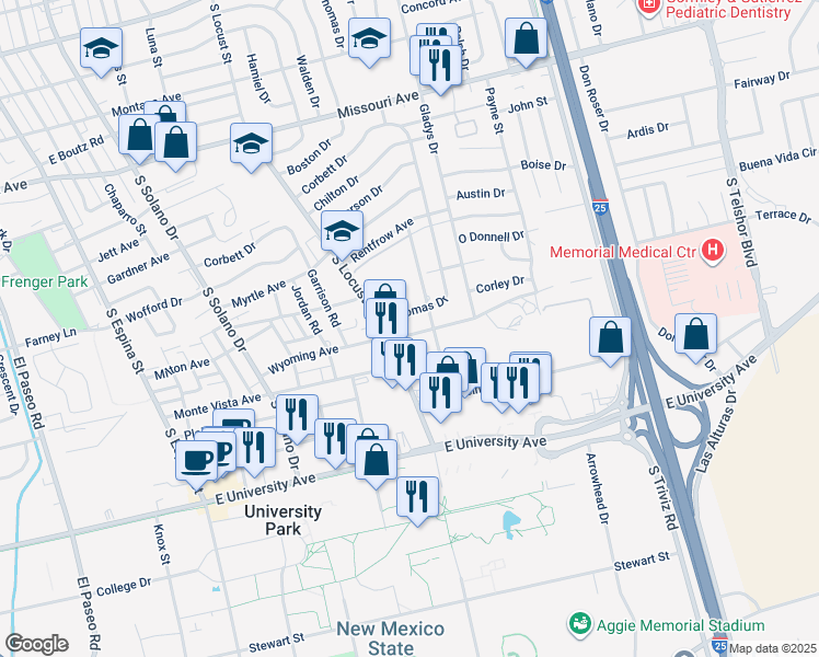 map of restaurants, bars, coffee shops, grocery stores, and more near 1825 Wyoming Avenue in Las Cruces