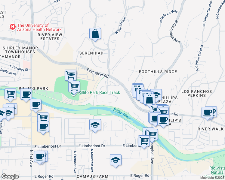 map of restaurants, bars, coffee shops, grocery stores, and more near 1550 East River Road in Tucson