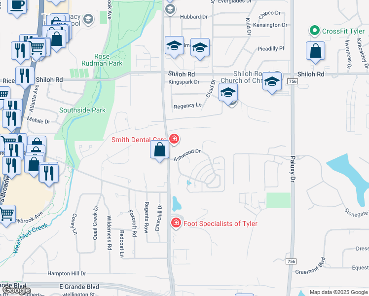 map of restaurants, bars, coffee shops, grocery stores, and more near 1203 Waterford Court in Tyler