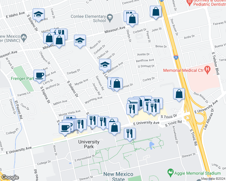 map of restaurants, bars, coffee shops, grocery stores, and more near 2111 Garrison Road in Las Cruces
