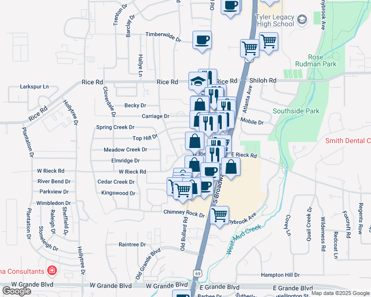 map of restaurants, bars, coffee shops, grocery stores, and more near 402 Gateridge Drive in Tyler