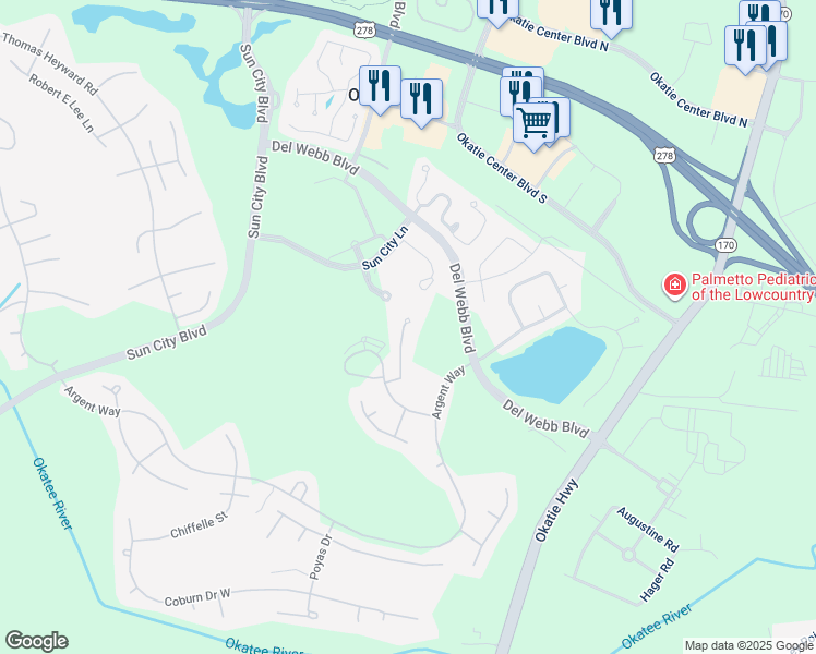 map of restaurants, bars, coffee shops, grocery stores, and more near 35 Debeaufain Drive in Bluffton