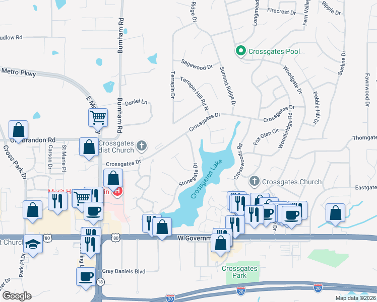 map of restaurants, bars, coffee shops, grocery stores, and more near 47 Stonegate Drive in Brandon