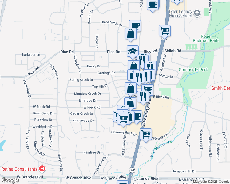 map of restaurants, bars, coffee shops, grocery stores, and more near 5318 Indian Springs Drive in Tyler