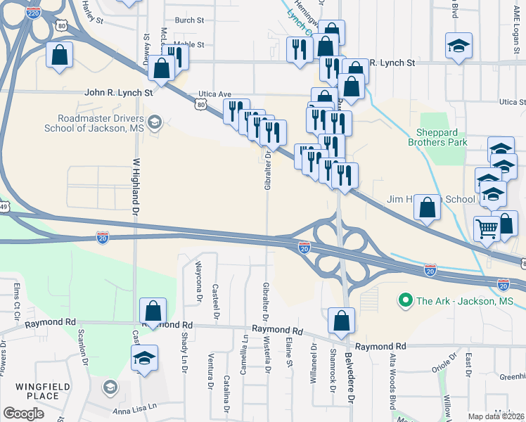 map of restaurants, bars, coffee shops, grocery stores, and more near 1421 Gibralter Drive in Jackson