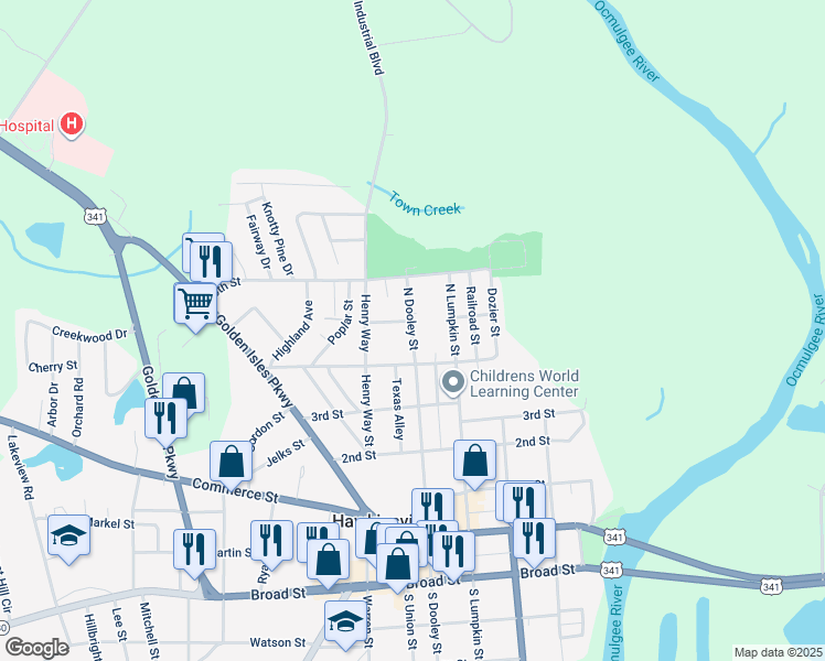 map of restaurants, bars, coffee shops, grocery stores, and more near 256 North Dooley Street in Hawkinsville