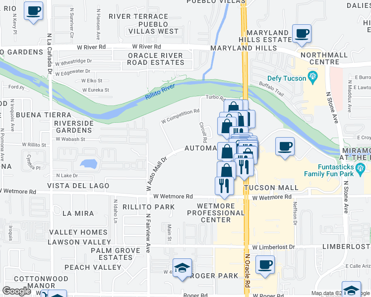map of restaurants, bars, coffee shops, grocery stores, and more near West Auto Mall Drive in Tucson