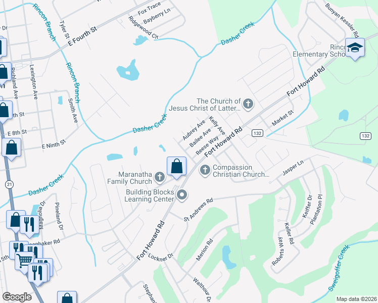 map of restaurants, bars, coffee shops, grocery stores, and more near 202 Bailee Avenue in Rincon