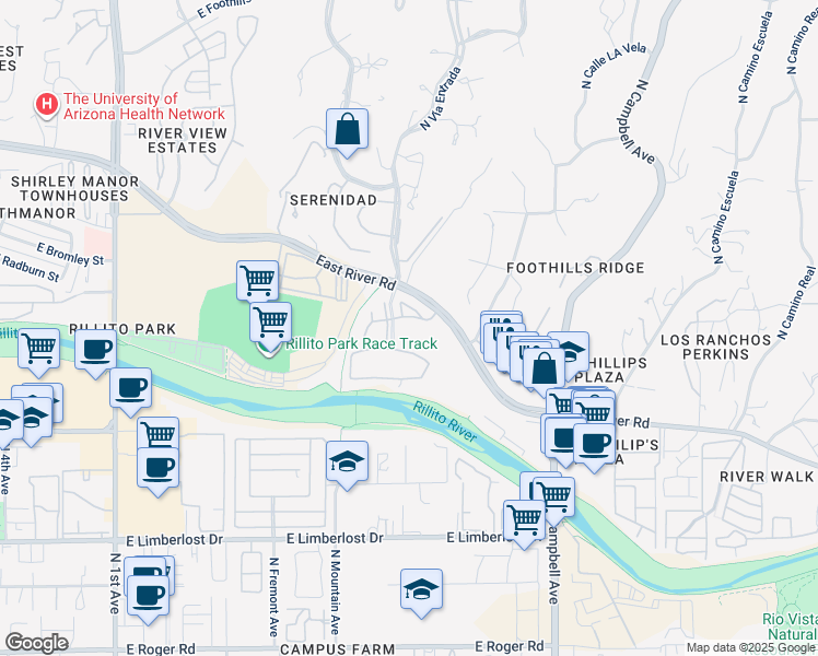 map of restaurants, bars, coffee shops, grocery stores, and more near 1550 East River Road in Tucson
