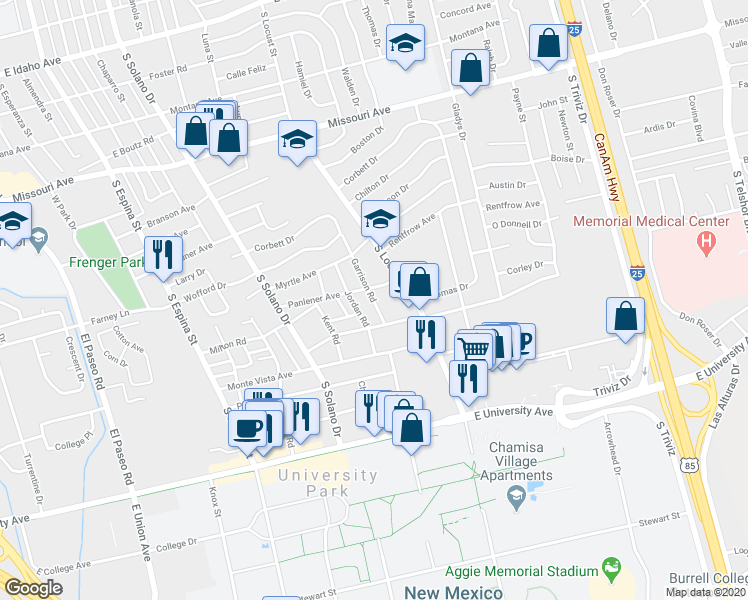 map of restaurants, bars, coffee shops, grocery stores, and more near 2117 Garrison Road in Las Cruces