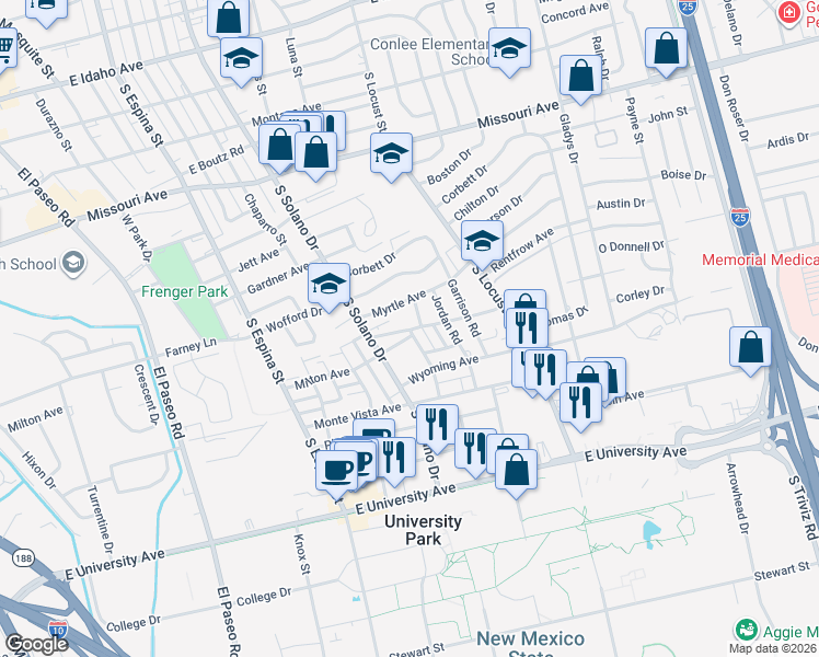 map of restaurants, bars, coffee shops, grocery stores, and more near in Las Cruces