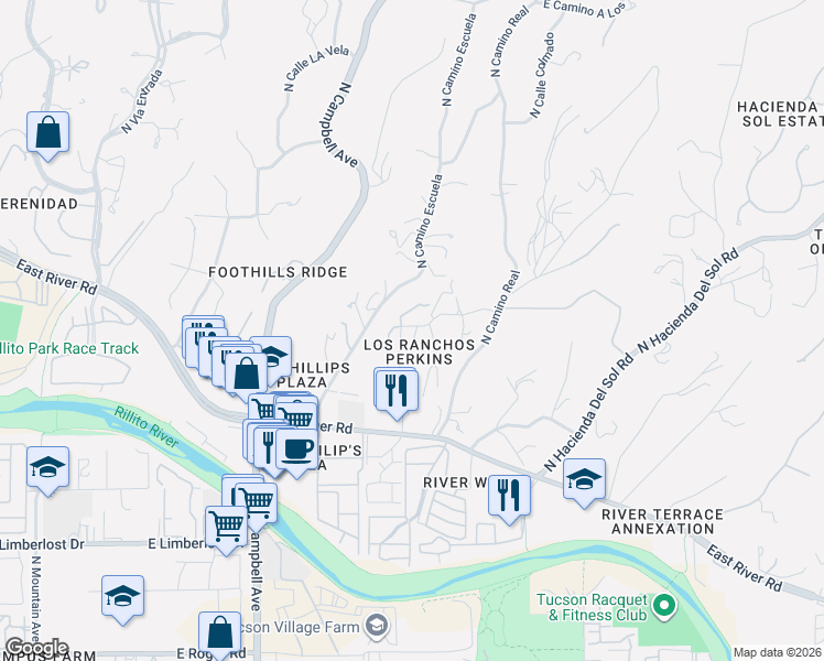 map of restaurants, bars, coffee shops, grocery stores, and more near 4585 East Caminito De Los Ranchos in Tucson