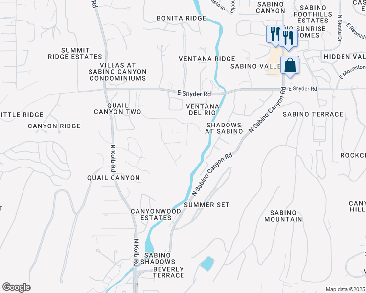 map of restaurants, bars, coffee shops, grocery stores, and more near 7433 East Serenity Lane in Tucson