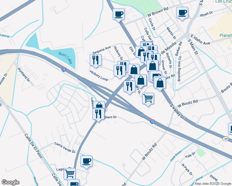 map of restaurants, bars, coffee shops, grocery stores, and more near Avenida de Mesilla in Las Cruces