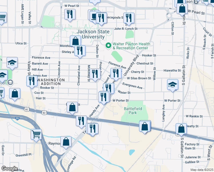 map of restaurants, bars, coffee shops, grocery stores, and more near 1240 Fairmont Avenue in Jackson