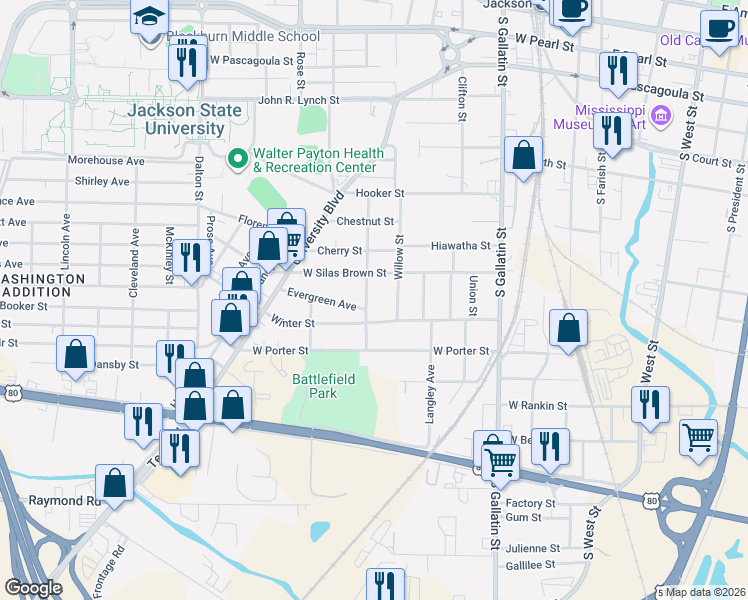 map of restaurants, bars, coffee shops, grocery stores, and more near 1020 Walnut Street in Jackson