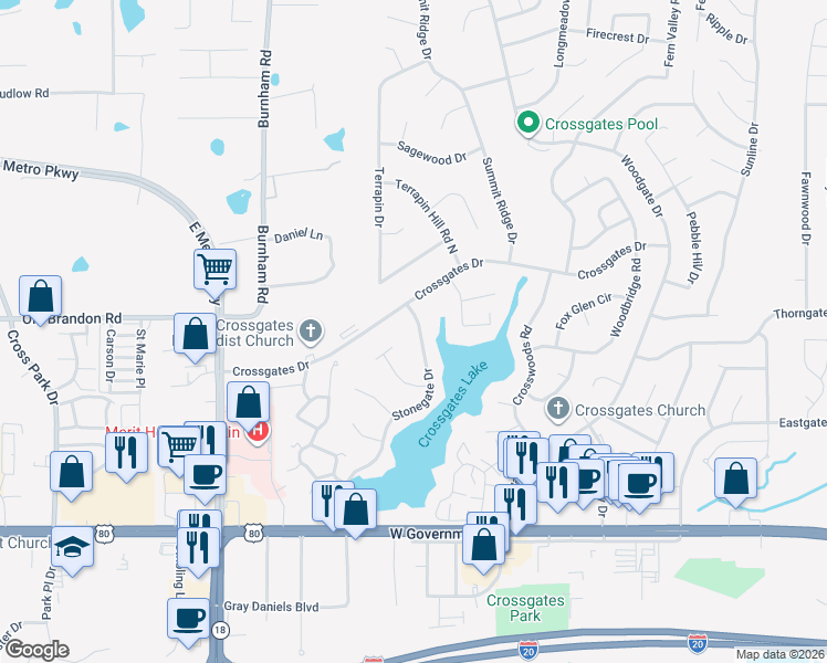 map of restaurants, bars, coffee shops, grocery stores, and more near 47 Stonegate Drive in Brandon