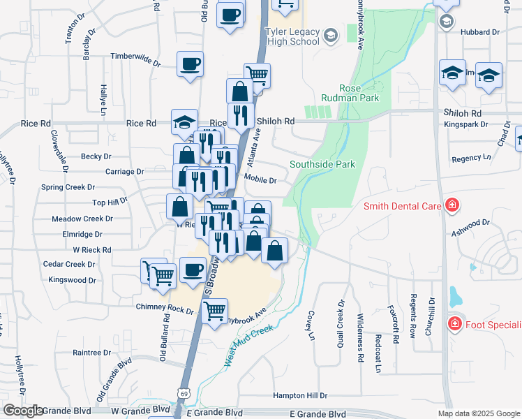 map of restaurants, bars, coffee shops, grocery stores, and more near 5401 Carmel Court in Tyler