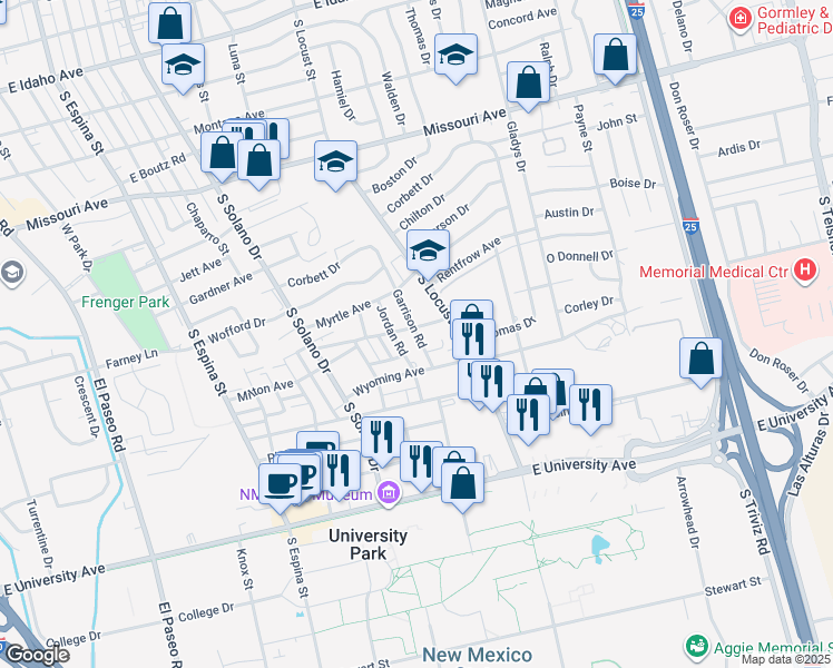 map of restaurants, bars, coffee shops, grocery stores, and more near 2060 Garrison Road in Las Cruces