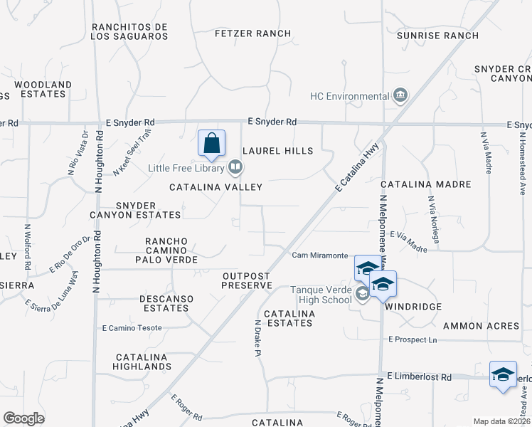 map of restaurants, bars, coffee shops, grocery stores, and more near 10800 East Placita Metate in Tucson