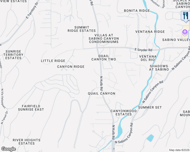map of restaurants, bars, coffee shops, grocery stores, and more near 7171 East Quail Run Drive in Tucson