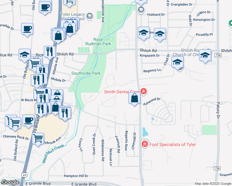 map of restaurants, bars, coffee shops, grocery stores, and more near 5421 Quail Creek Drive in Tyler