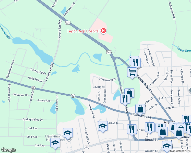 map of restaurants, bars, coffee shops, grocery stores, and more near 44 Valley Road in Hawkinsville