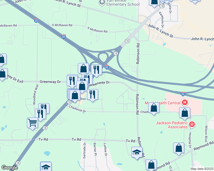 map of restaurants, bars, coffee shops, grocery stores, and more near 2689 Greenway Drive in Jackson