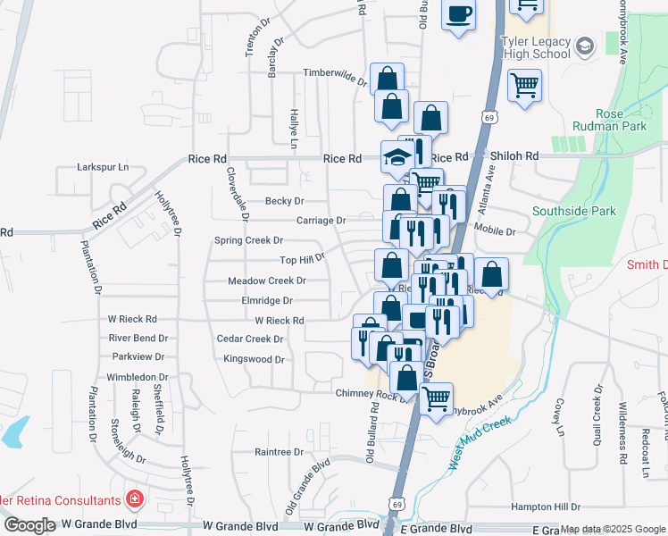 map of restaurants, bars, coffee shops, grocery stores, and more near 5318 Indian Springs Drive in Tyler