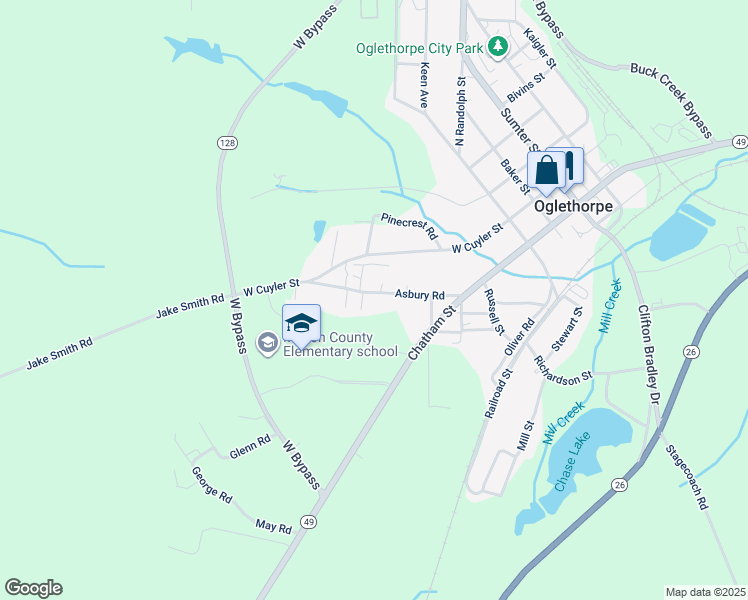 map of restaurants, bars, coffee shops, grocery stores, and more near 531 Asbury Road in Oglethorpe