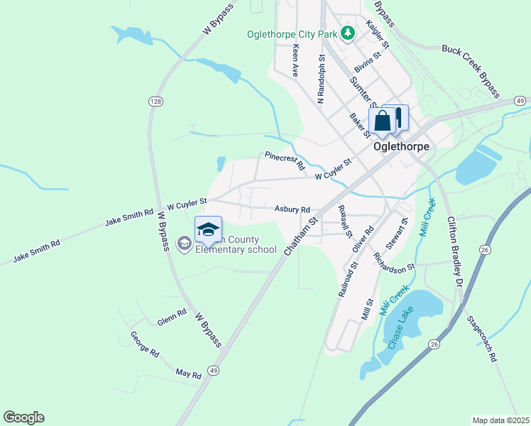 map of restaurants, bars, coffee shops, grocery stores, and more near 531 Asbury Road in Oglethorpe
