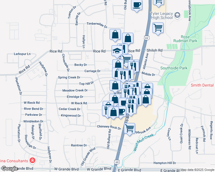 map of restaurants, bars, coffee shops, grocery stores, and more near 402 Gateridge Drive in Tyler