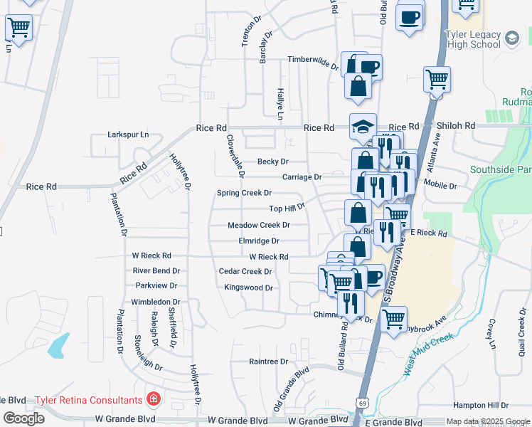 map of restaurants, bars, coffee shops, grocery stores, and more near 700 Top Hill Drive in Tyler
