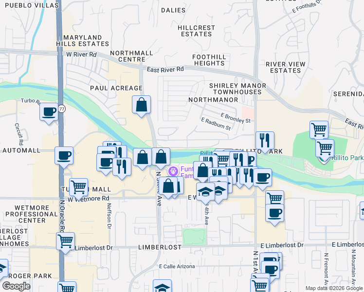 map of restaurants, bars, coffee shops, grocery stores, and more near 241 East Calderwood Road in Tucson