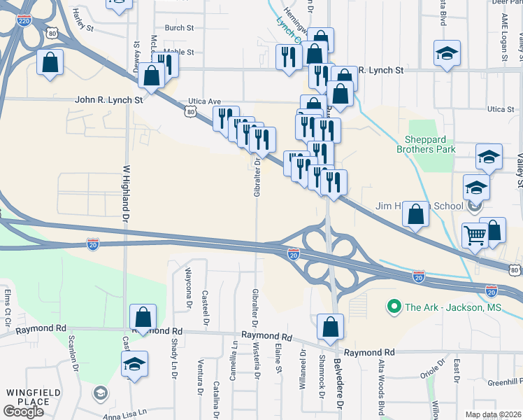 map of restaurants, bars, coffee shops, grocery stores, and more near 1421 Gibralter Drive in Jackson