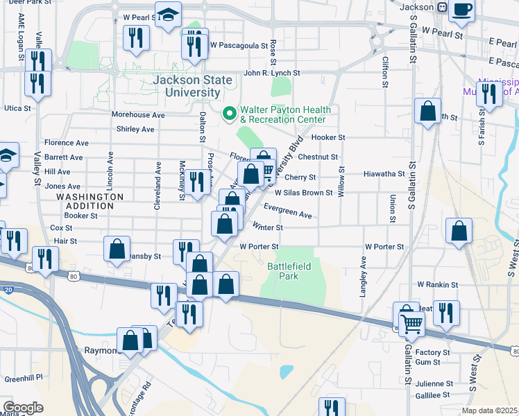 map of restaurants, bars, coffee shops, grocery stores, and more near 1300 Terry Road in Jackson