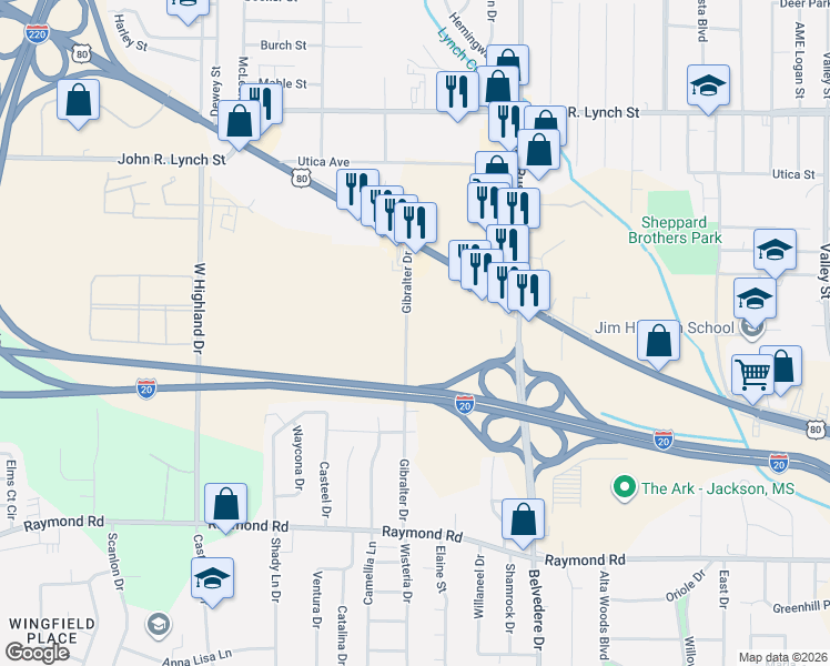 map of restaurants, bars, coffee shops, grocery stores, and more near 1421 Gibralter Drive in Jackson