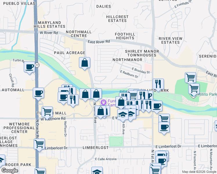 map of restaurants, bars, coffee shops, grocery stores, and more near 241 East Calderwood Road in Tucson